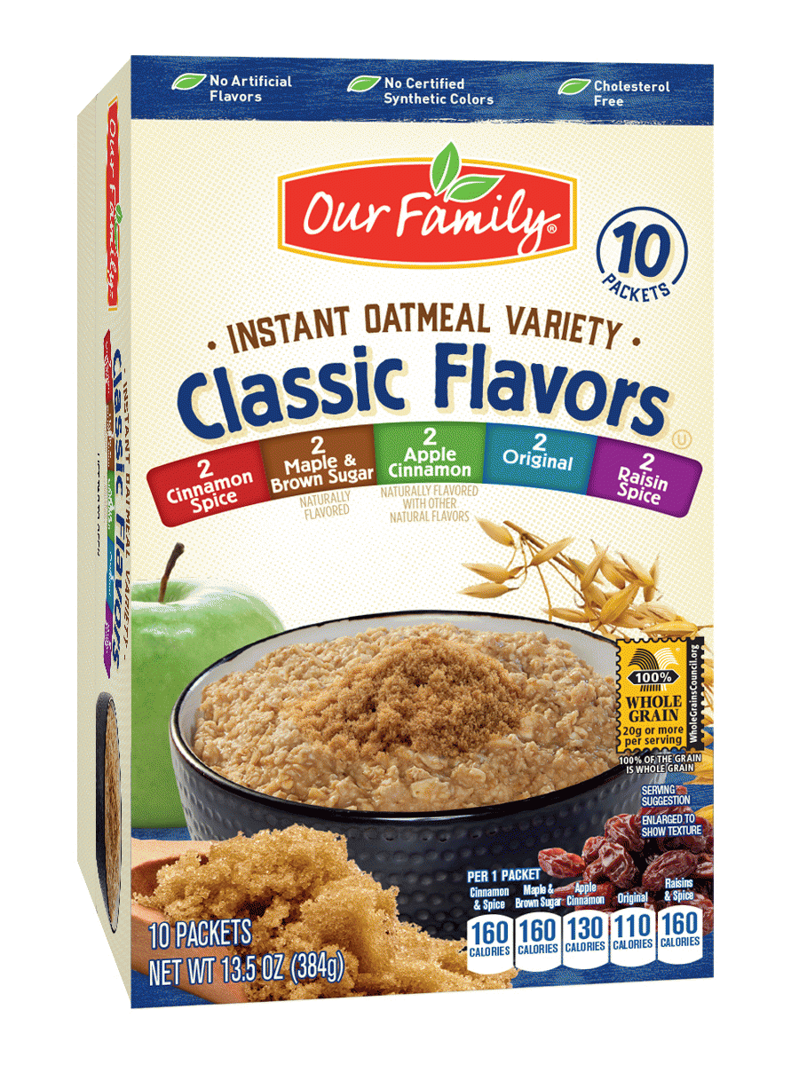 Our Family  instant variety oatmeal; regular, raisins & spice, maple brown sugar, cinnamon spice, apple cinnamon Full-Size Picture